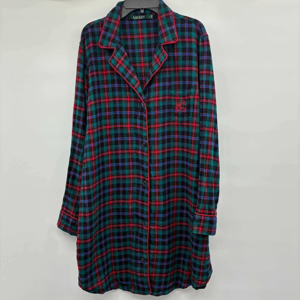 Lauren Ralph Lauren Womens L Flannel Nightshirt Plaid Cotton Pajama Sleep Shirt